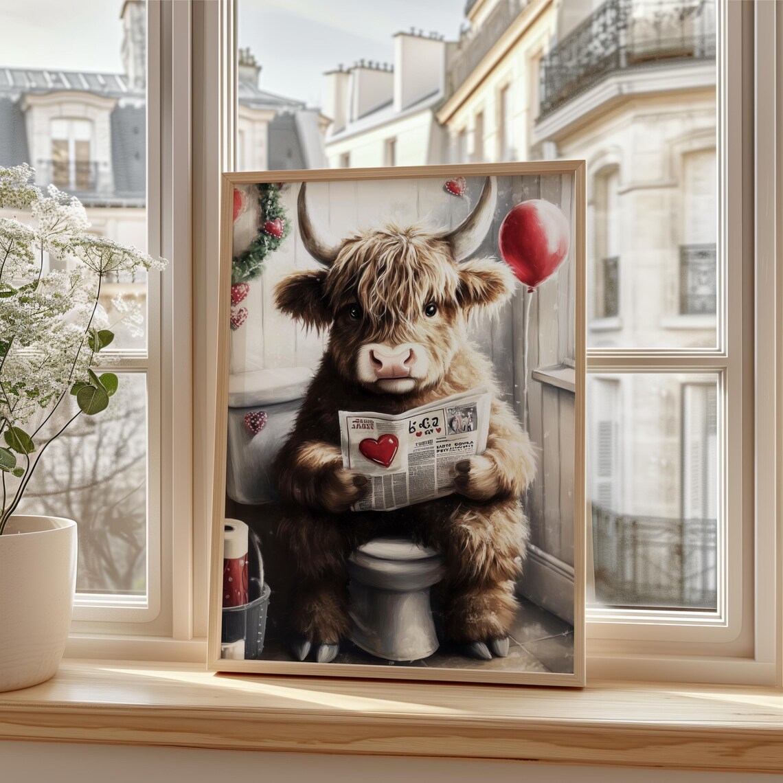 Highland Cow on Toilet Reading Newspaper Funny Valentine Poster - Image 3