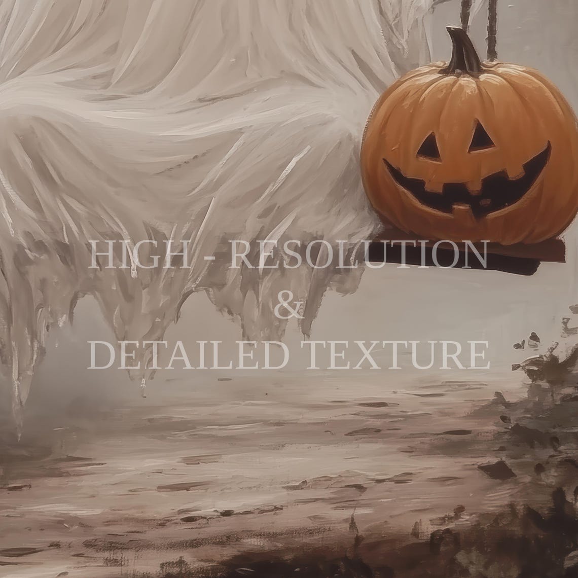 Cute Halloween Ghost On The Swing Print Vintage Spooky Forest Halloween Wall Art Gothic Fall Painting - Image 2