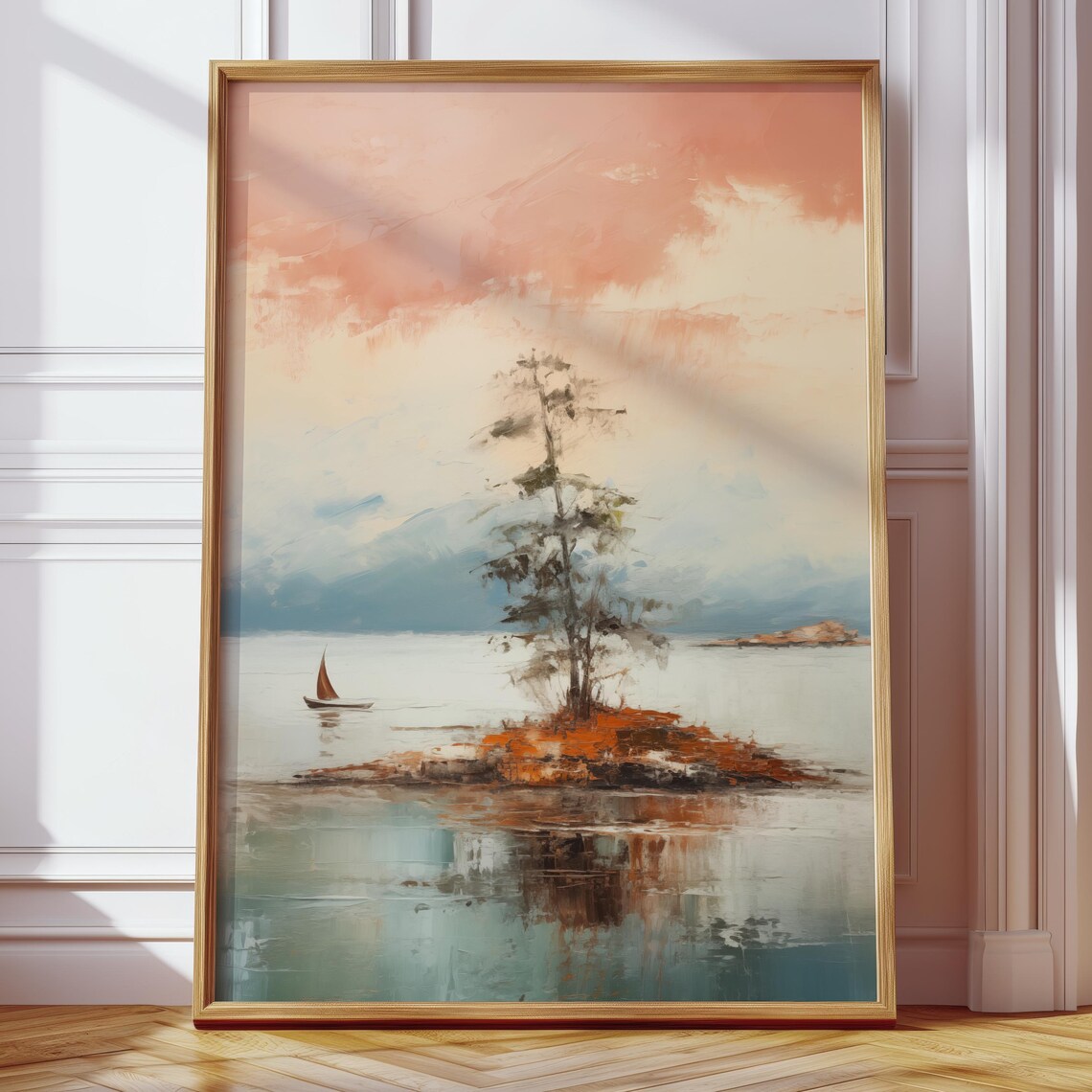 Lone Tree on a Small Island with Sailboat at Sunset Lake Poster - Image 4