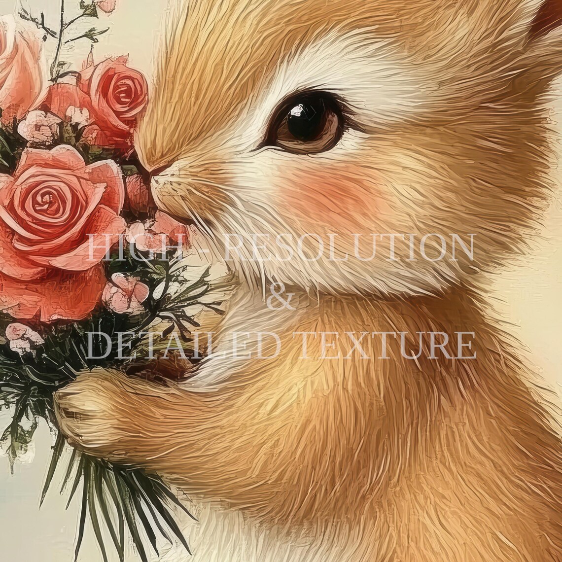 Bunny Holding Pink Rose Bouquet in Wildflower Meadow Art Poster - Image 2