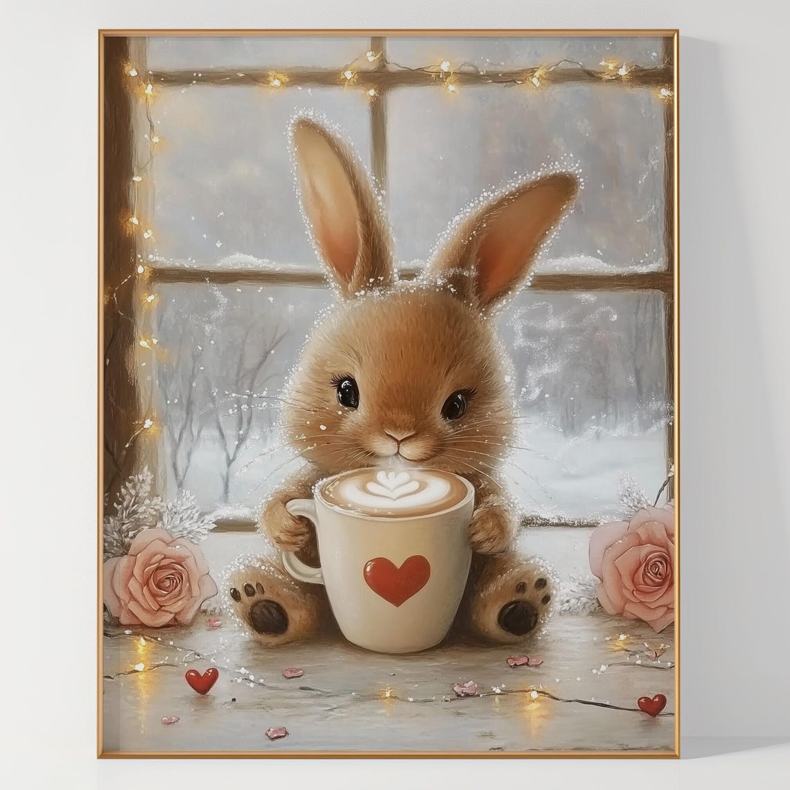 Cute Bunny with Latte by Snowy Window Valentine Coffee Poster