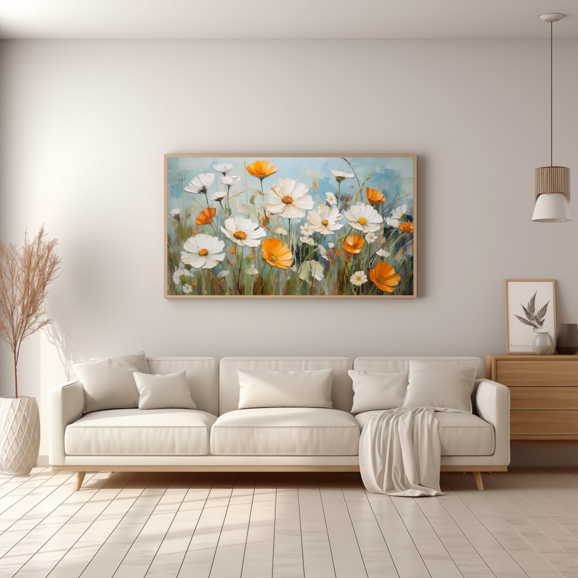 White and Orange Wildflowers Meadow Frame TV Art Floral Poster - Image 3