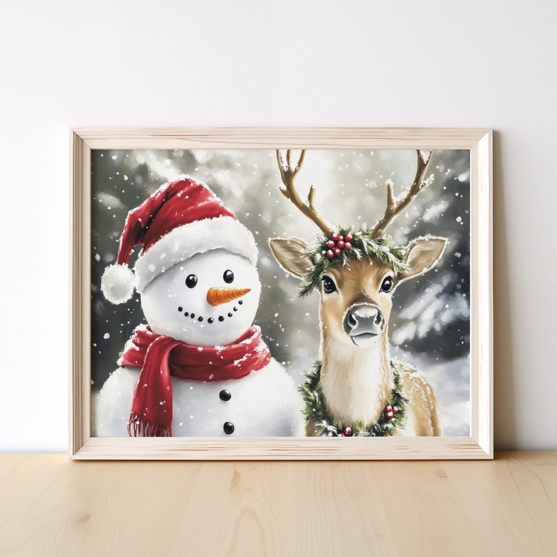 Snowman and Reindeer in Falling Snow Christmas Art Painting Poster - Image 4