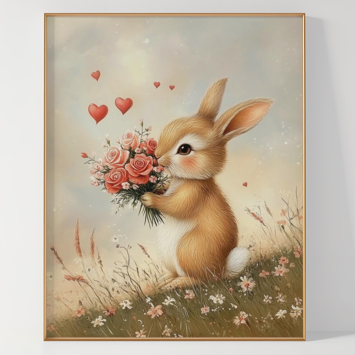 Bunny Holding Pink Rose Bouquet in Wildflower Meadow Art Poster