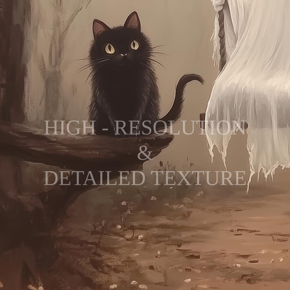 Cute Ghost on a Swing with Black Cat in a Misty Forest Poster - Image 3