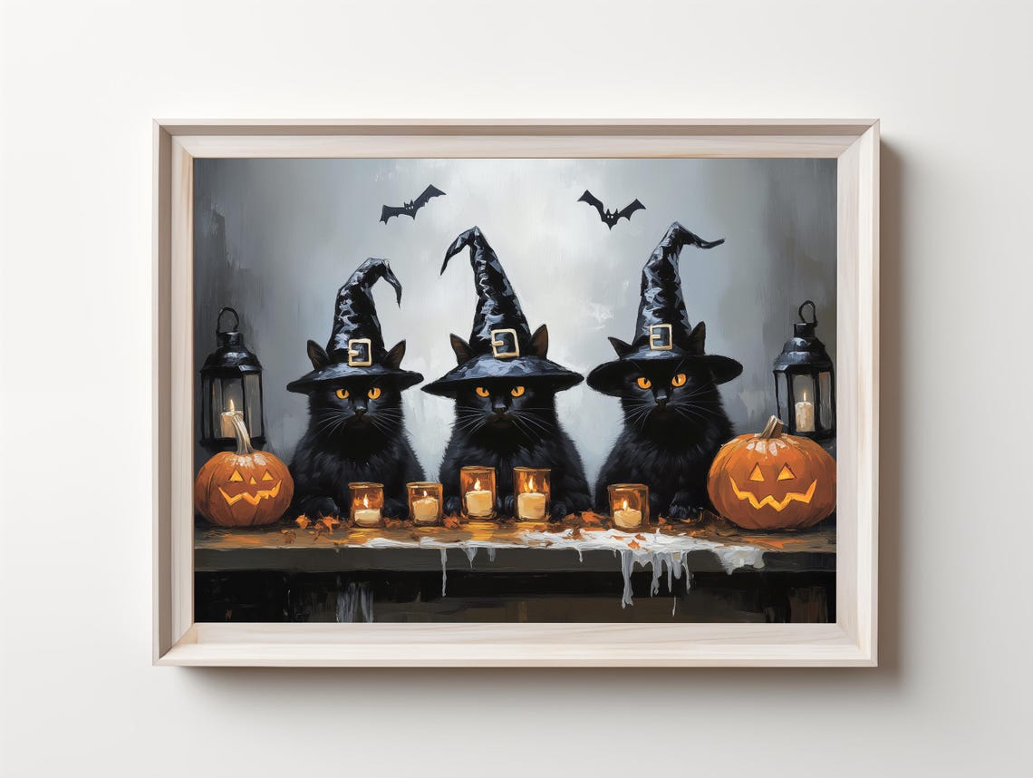 Three Black Cats in Witch Hats with Pumpkins Vintage Halloween Poster - Image 4
