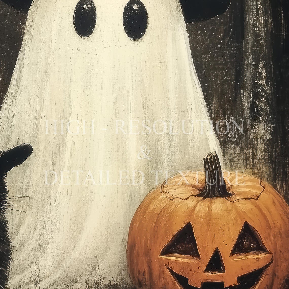 Cute Ghost And Black Cat In Dark Forest Print Vintage Halloween Wall Art Dark Academia Room Decor Instant - Image 3