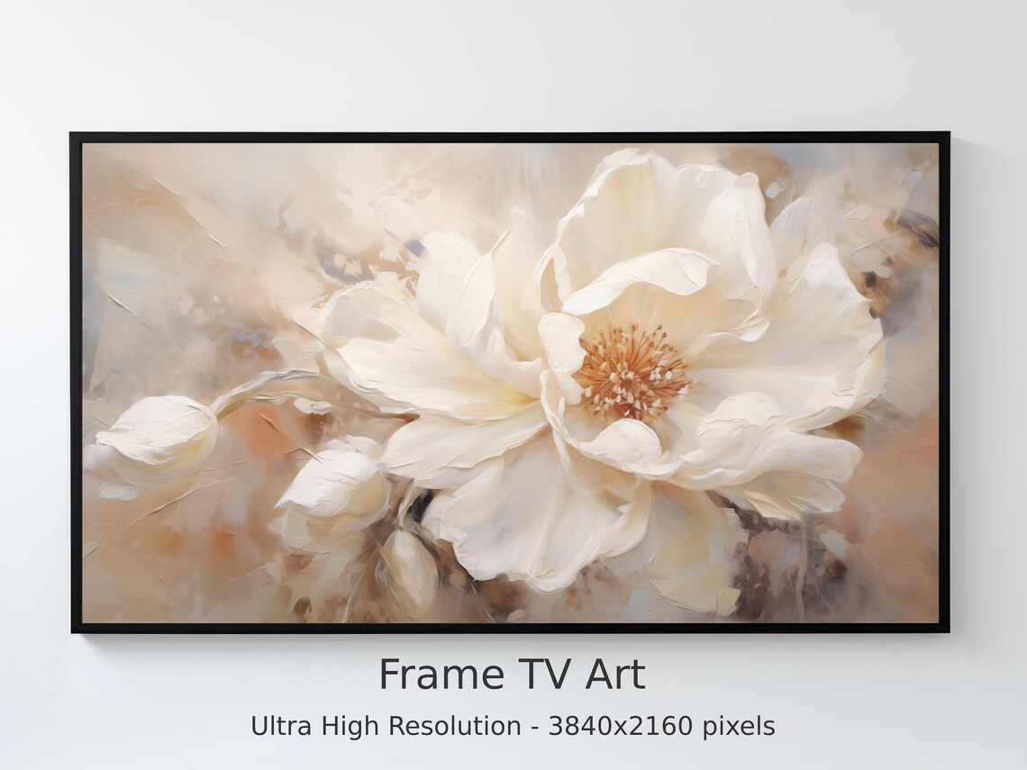 White Peony Blossom Soft Floral Oil Painting 4K Frame TV Art Poster