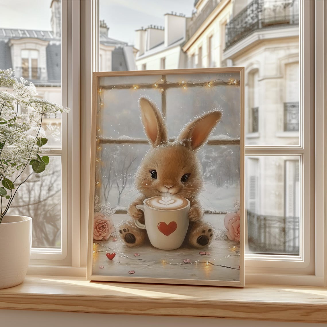 Cute Bunny with Latte by Snowy Window Valentine Coffee Poster - Image 3