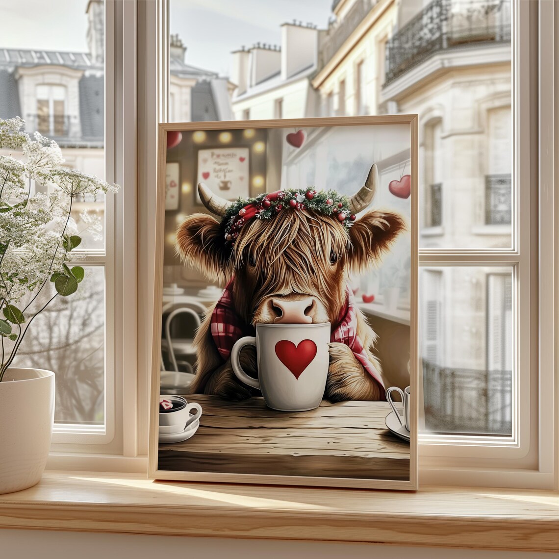 Highland Cow Berry Crown Sipping Hot Cocoa in Cozy Cafe Poster - Image 3