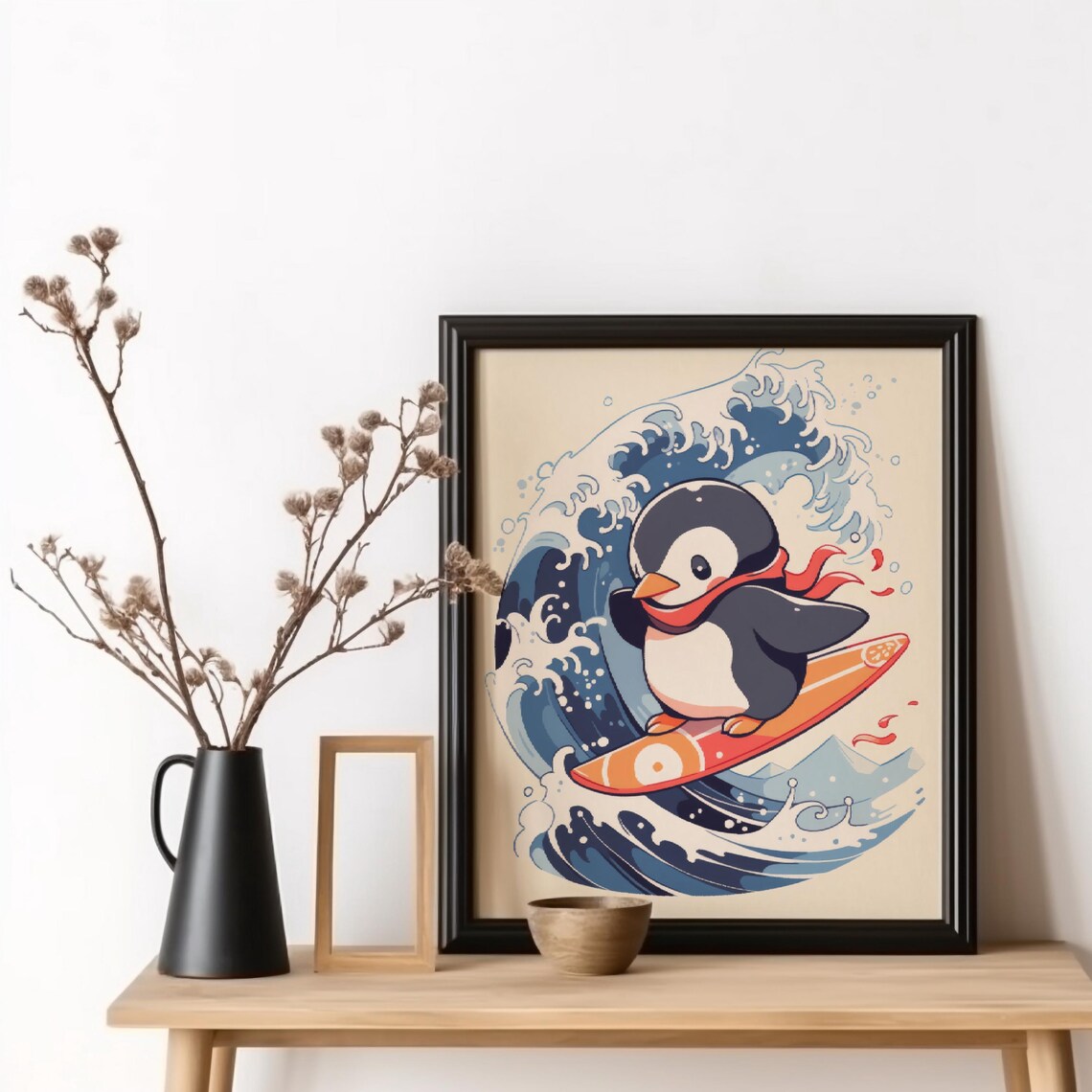 Surfing Penguin Poster, Retro Surf Beach Decor