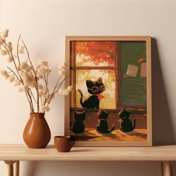Black Cat Teacher and Three Kittens Autumn Classroom Cute Animal Poster