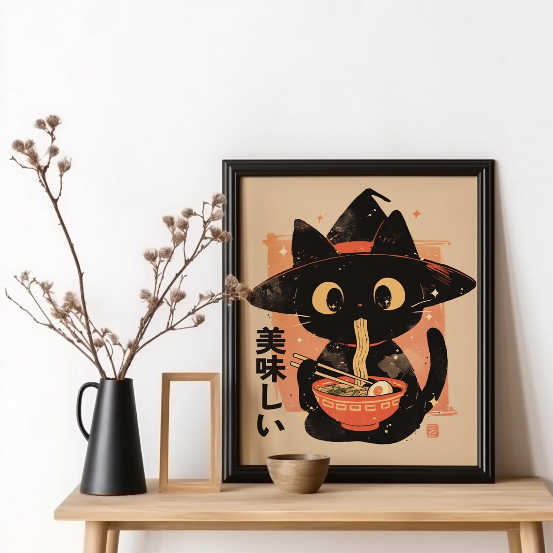 Noodle Witch Cat Art Print, Tokyo Halloween Kitchen