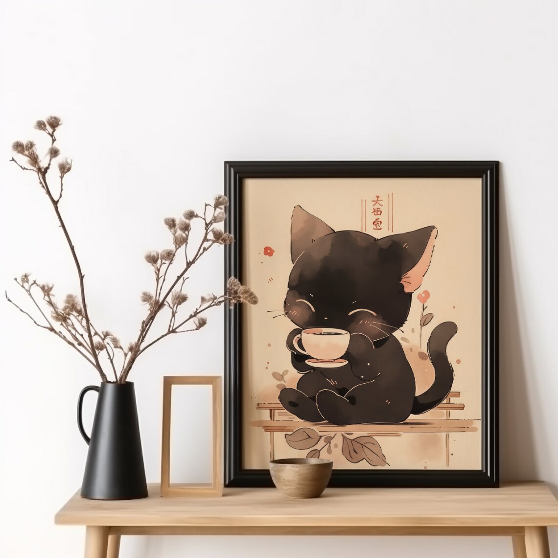 Coffee Cat Poster, Japanese Kitchen Wall Decor