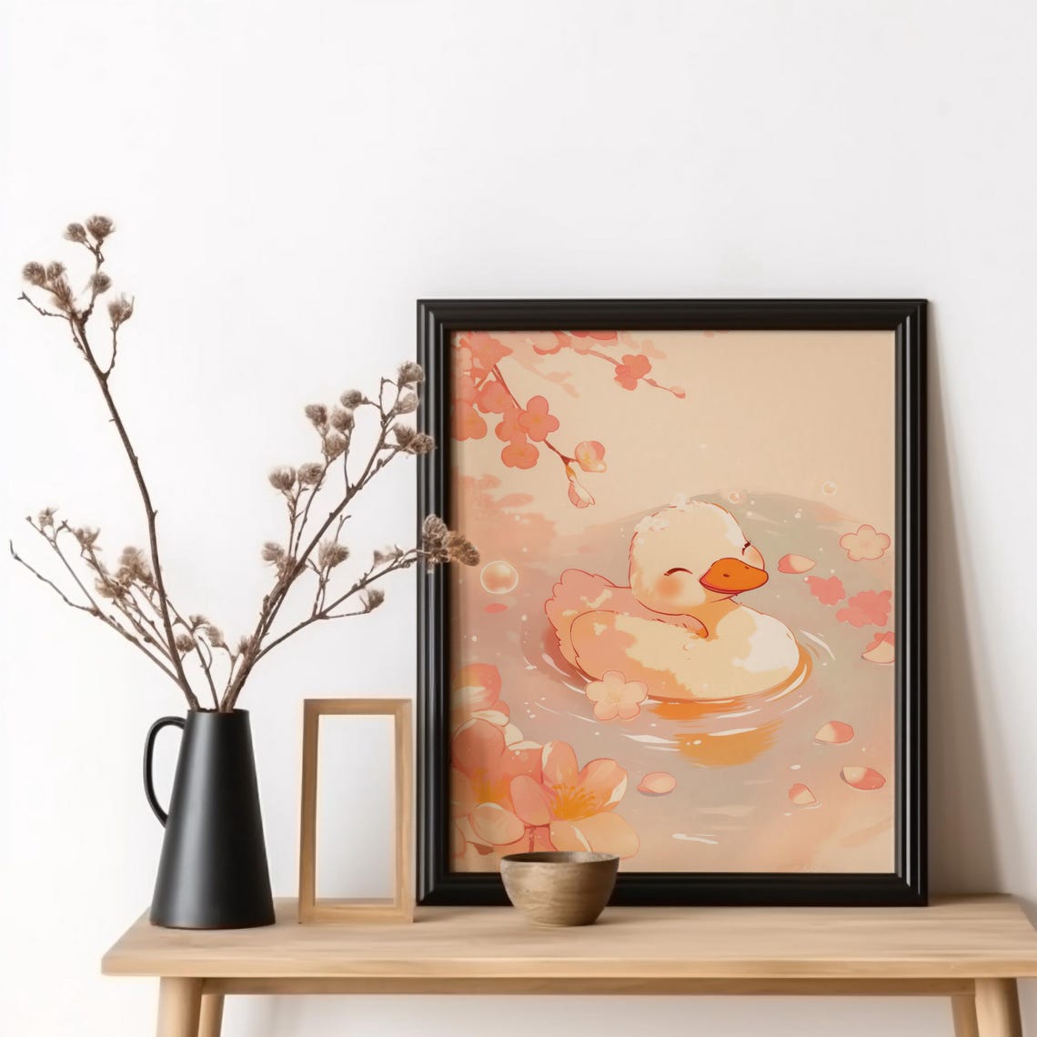 Adorable Baby Duck Bathing in Cherry Blossom Water Kawaii Poster