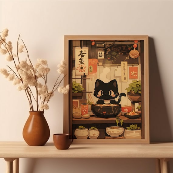 Japanese Ramen Noodle Shop Cat Art Print