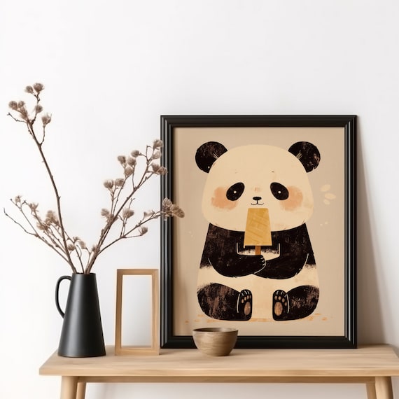 Popsicle Panda Poster Adorable Asian Eating Kitchen Wall Art Animal Lover Gift Nursery