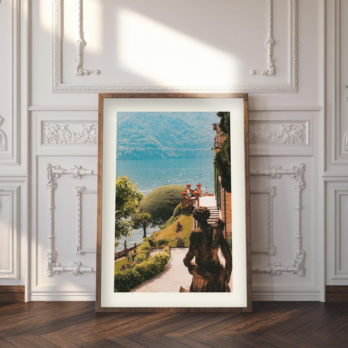 Lakeside Villa Terrace with Classical Statues Garden View Poster