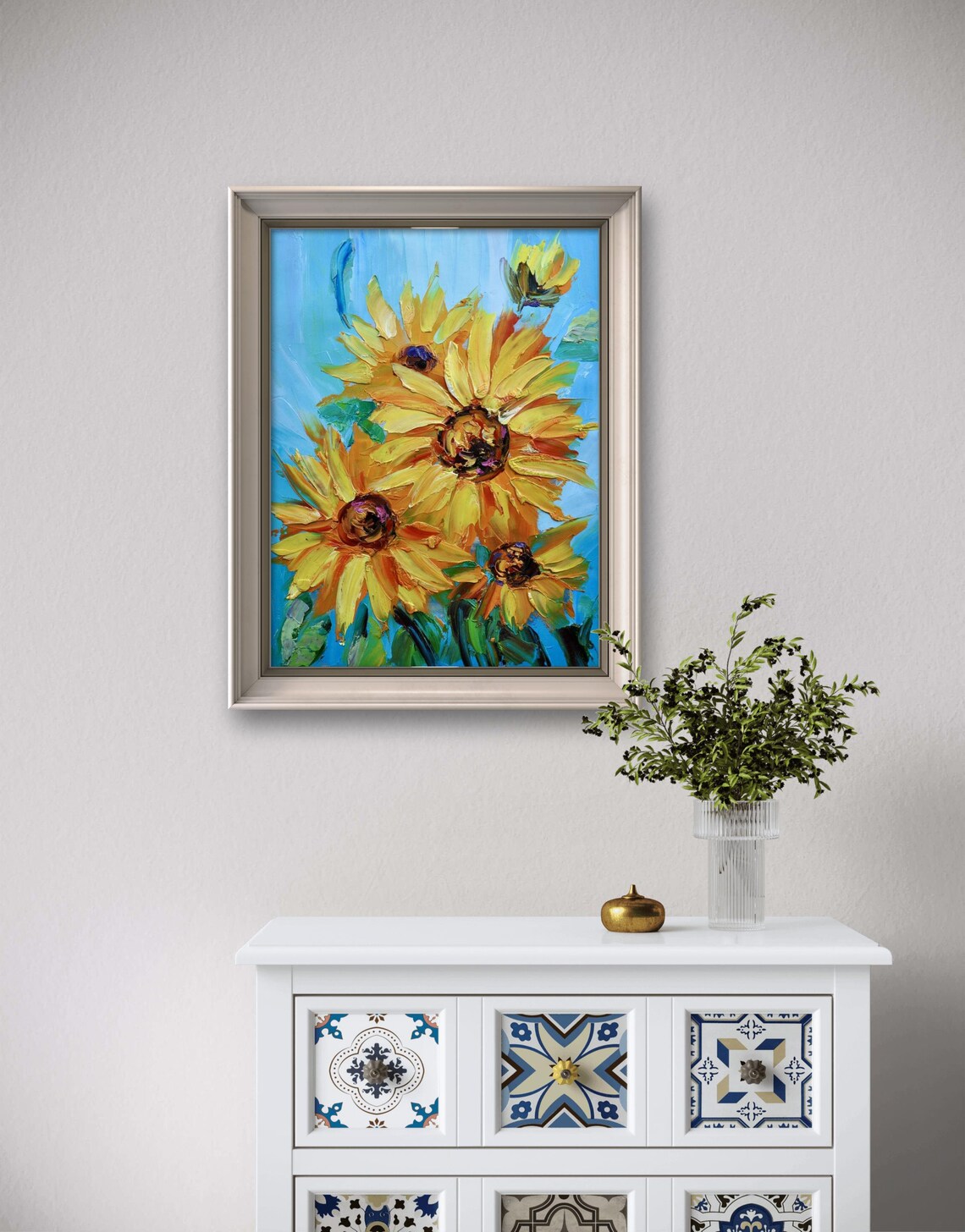 Yellow Sunflowers Oil Painting Blue Background Bright Floral Poster - Image 4