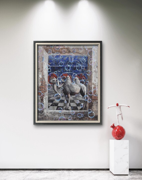 Surreal Camel Painting Bubbles Contemporary Dreamlike Art Poster