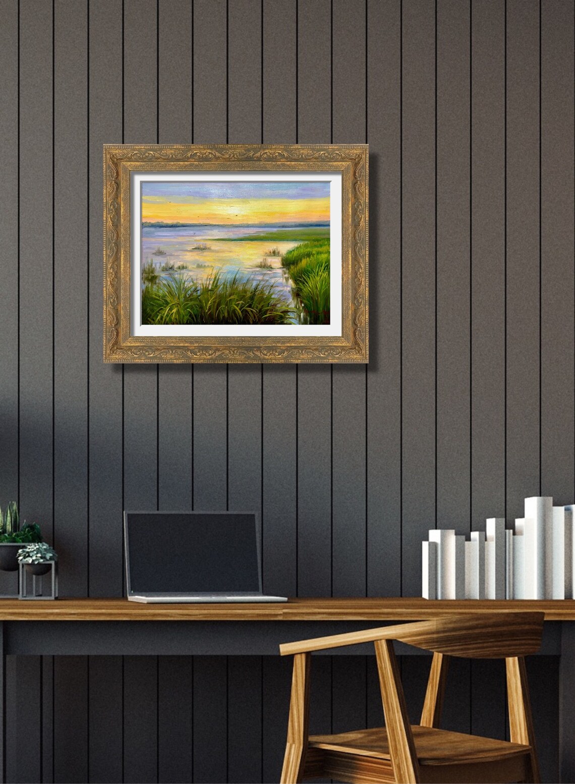 Golden Marsh Sunset Lake Reflection Reeds Wetland Oil Poster - Image 3