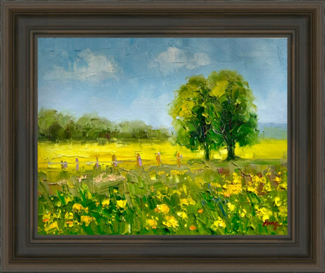 Sunny Meadow With Yellow Wildflowers Fence And Big Tree Poster - Image 4