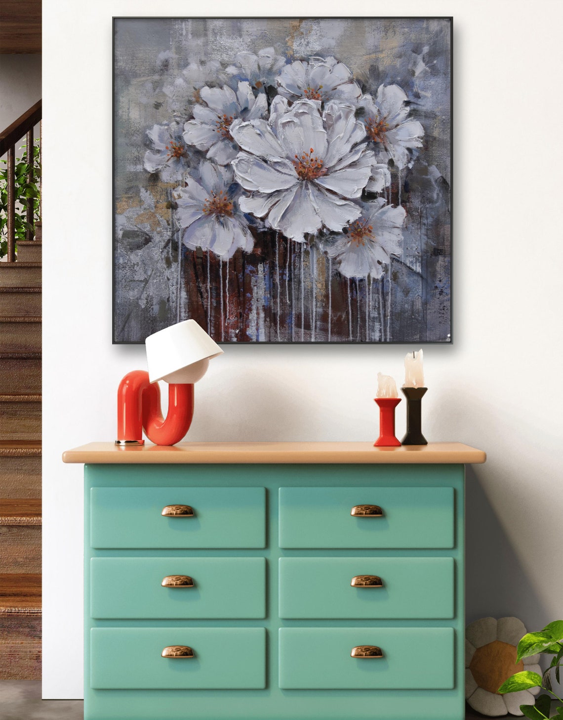 White Flowers With Gold Drips Modern Abstract Floral Painting Print - Image 3