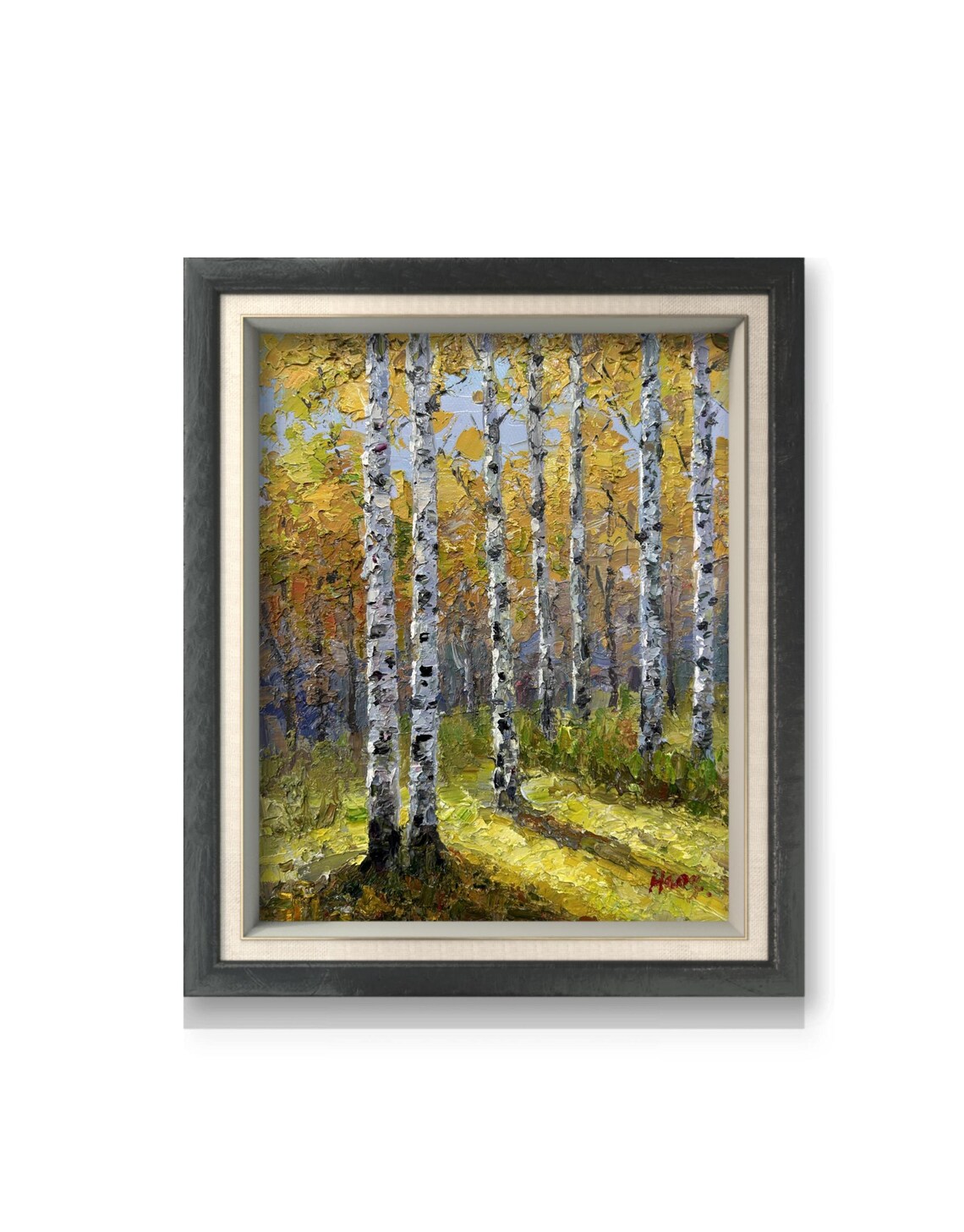 Golden Birch Grove Oil Painting Sunlit Path Autumn Woodland Poster