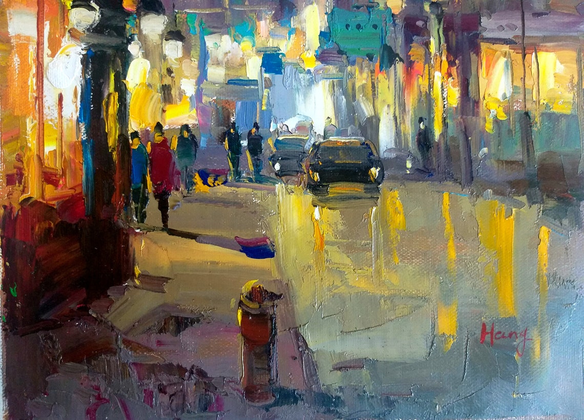 Rainy Evening City Street Glowing Storefronts Night Lights Poster - Image 2