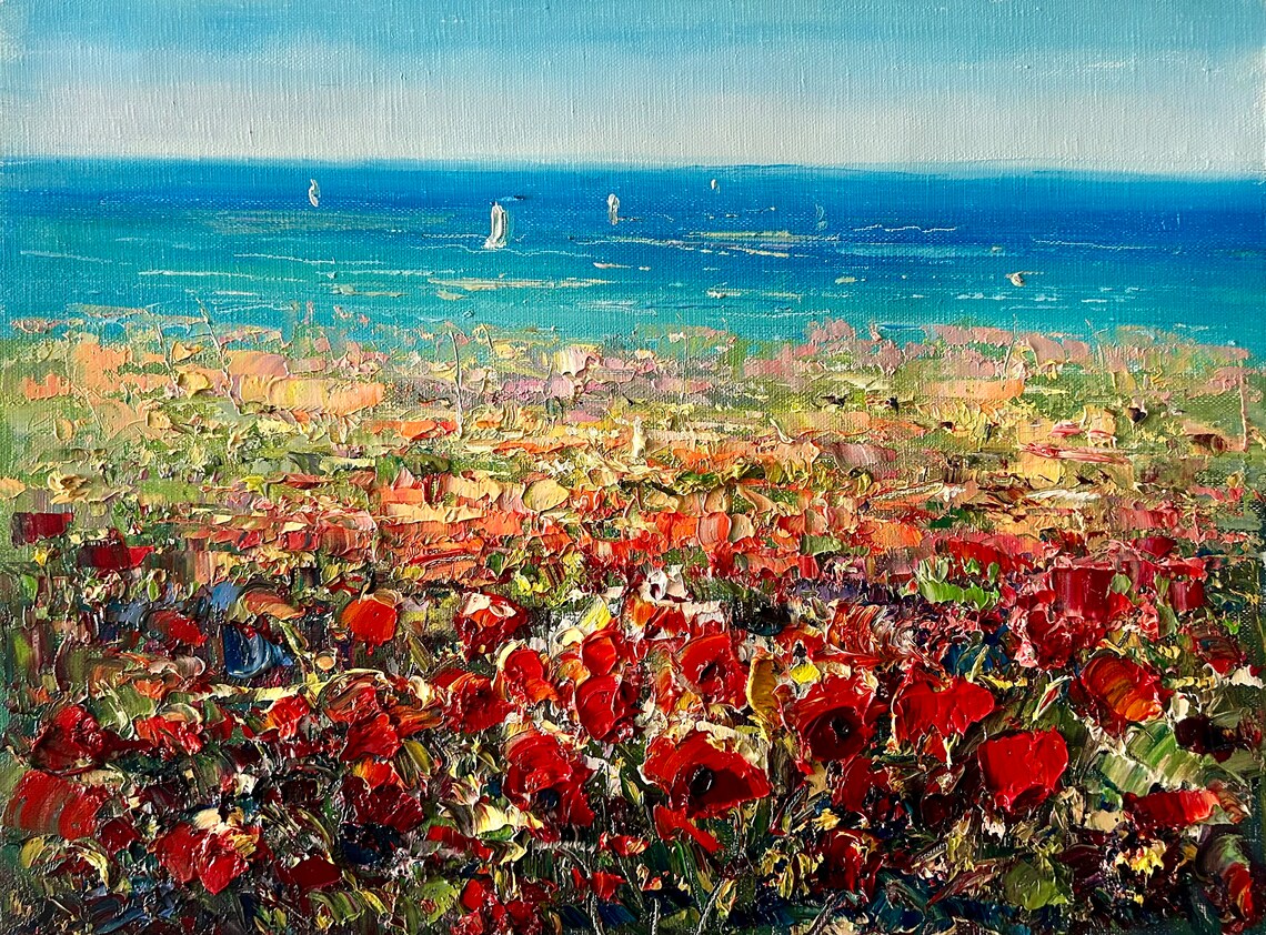 Red Poppy Field By The Blue Sea With Sailboats Oil Painting Poster - Image 5