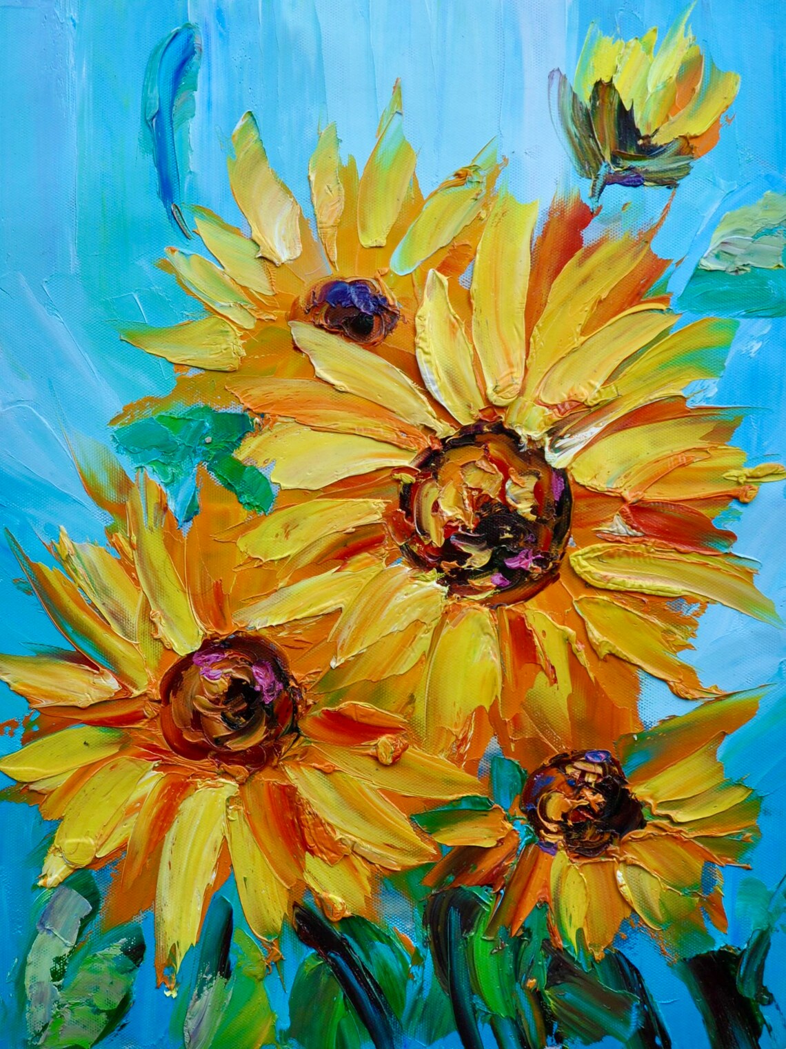 Yellow Sunflowers Oil Painting Blue Background Bright Floral Poster - Image 5