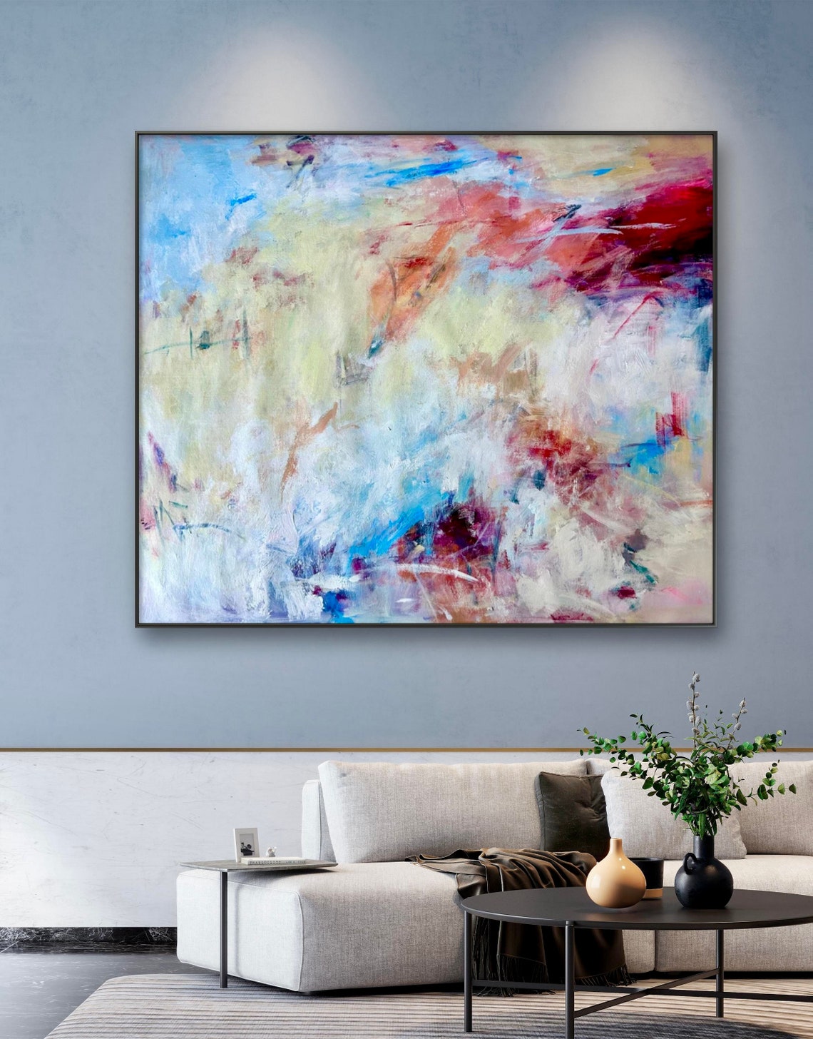 Neutral Abstract White Blue Crimson Soft Contemporary Art Print - Image 5