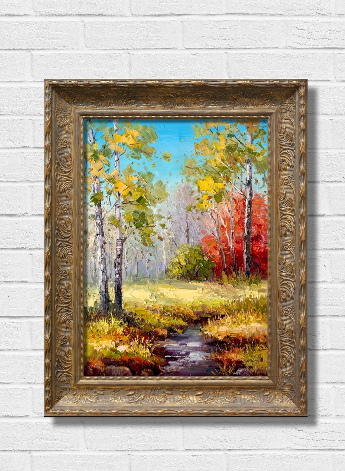 Autumn Birch Forest Stream Golden Leaves Landscape Oil Poster