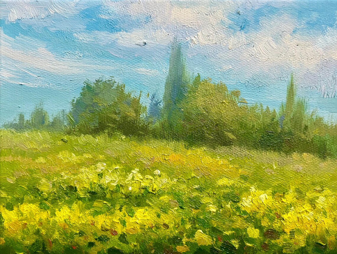 Yellow Wildflower Meadow Oil Painting Summer Field Blue Sky Poster - Image 5