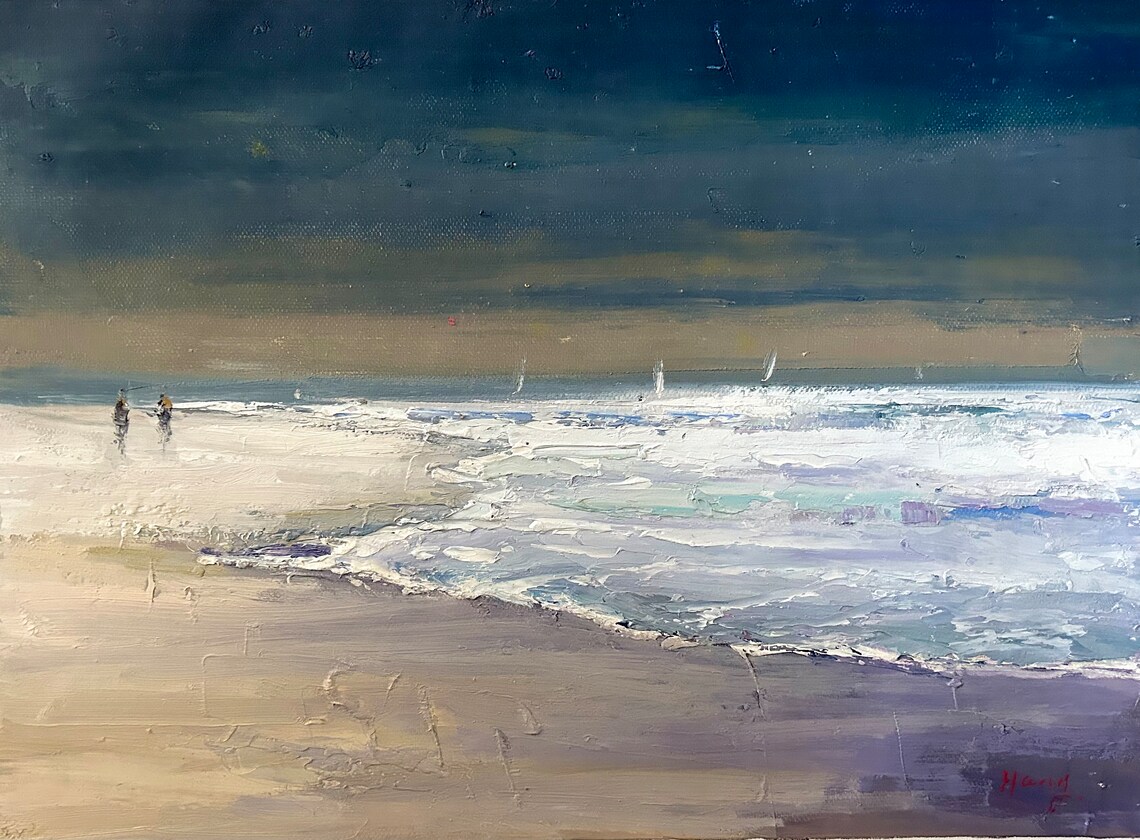 Moody Beach Waves At Dusk With Sailboats Seascape Oil Painting Poster