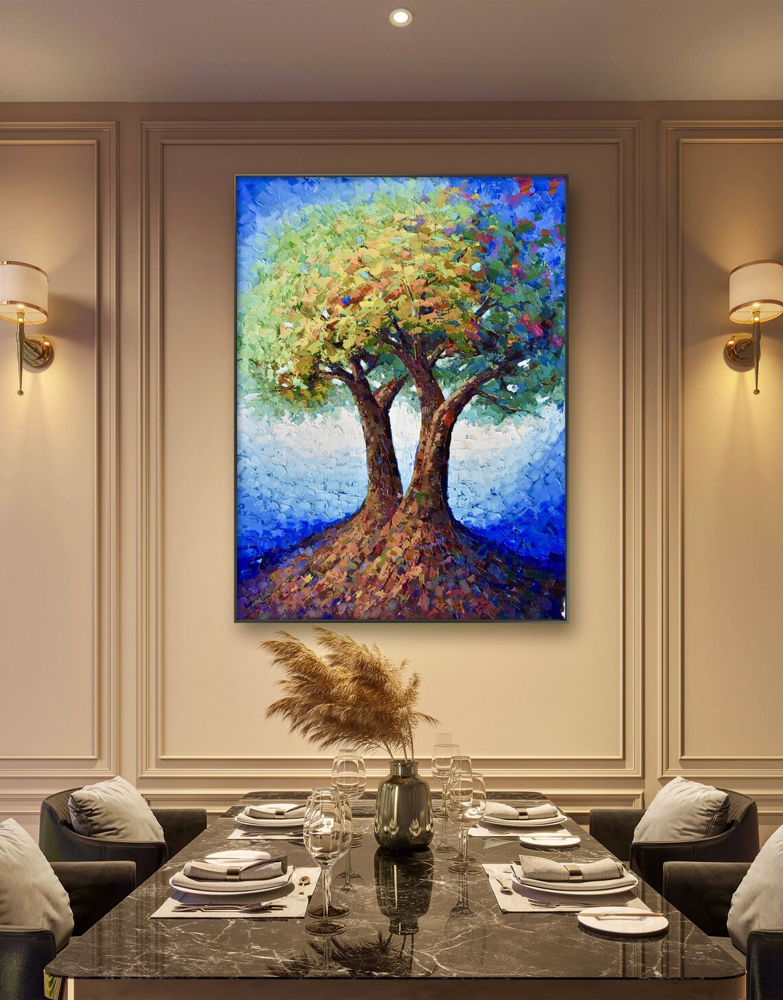 Colorful Tree Of Life Palette Knife Painting On Deep Blue Print - Image 2