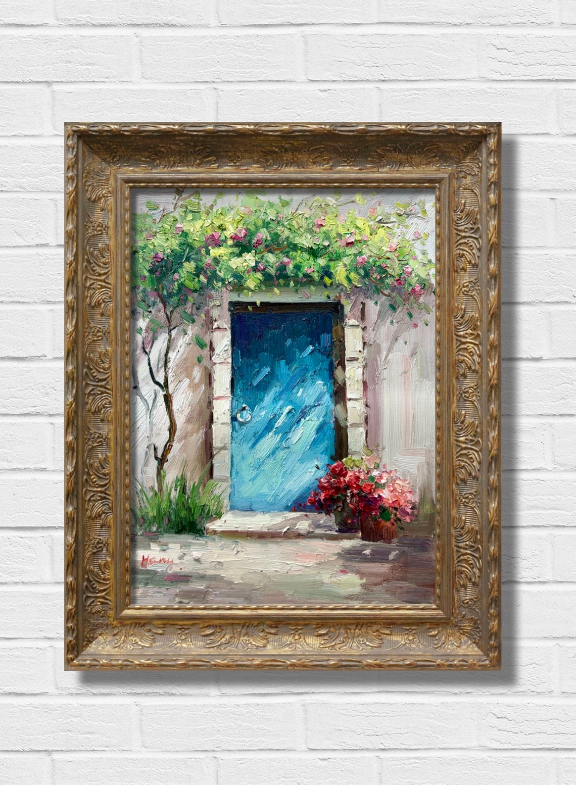 Blue Mediterranean Door Blooming Vines Charming Entryway Print
