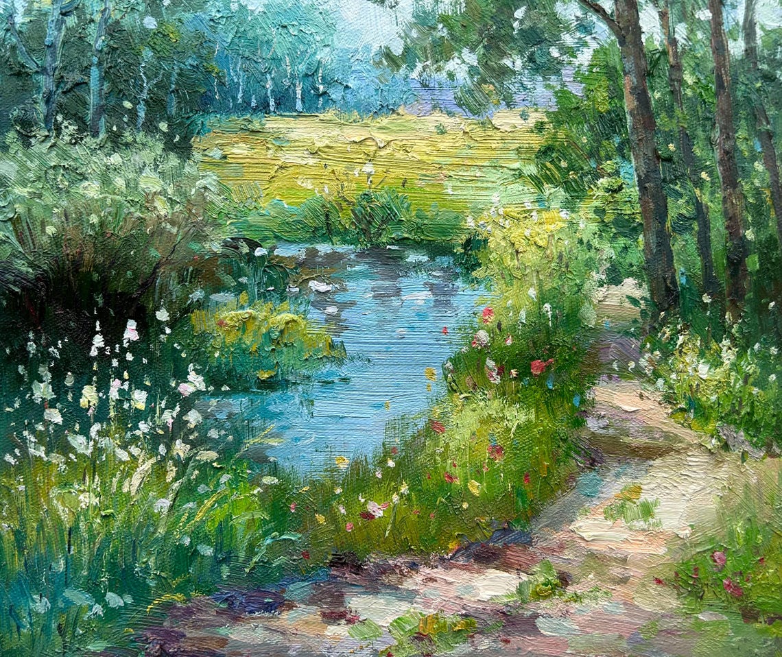 Forest Path Along Blue Pond With Wildflowers Summer Landscape Poster - Image 3