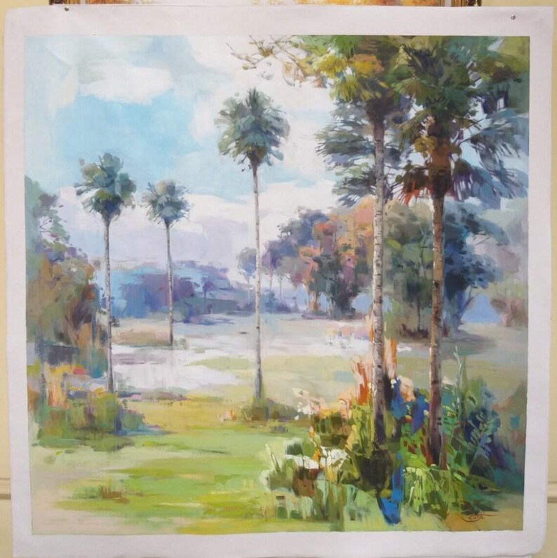 Tropical Palm Trees Sunny Meadow Pastel Landscape Art Poster - Image 5