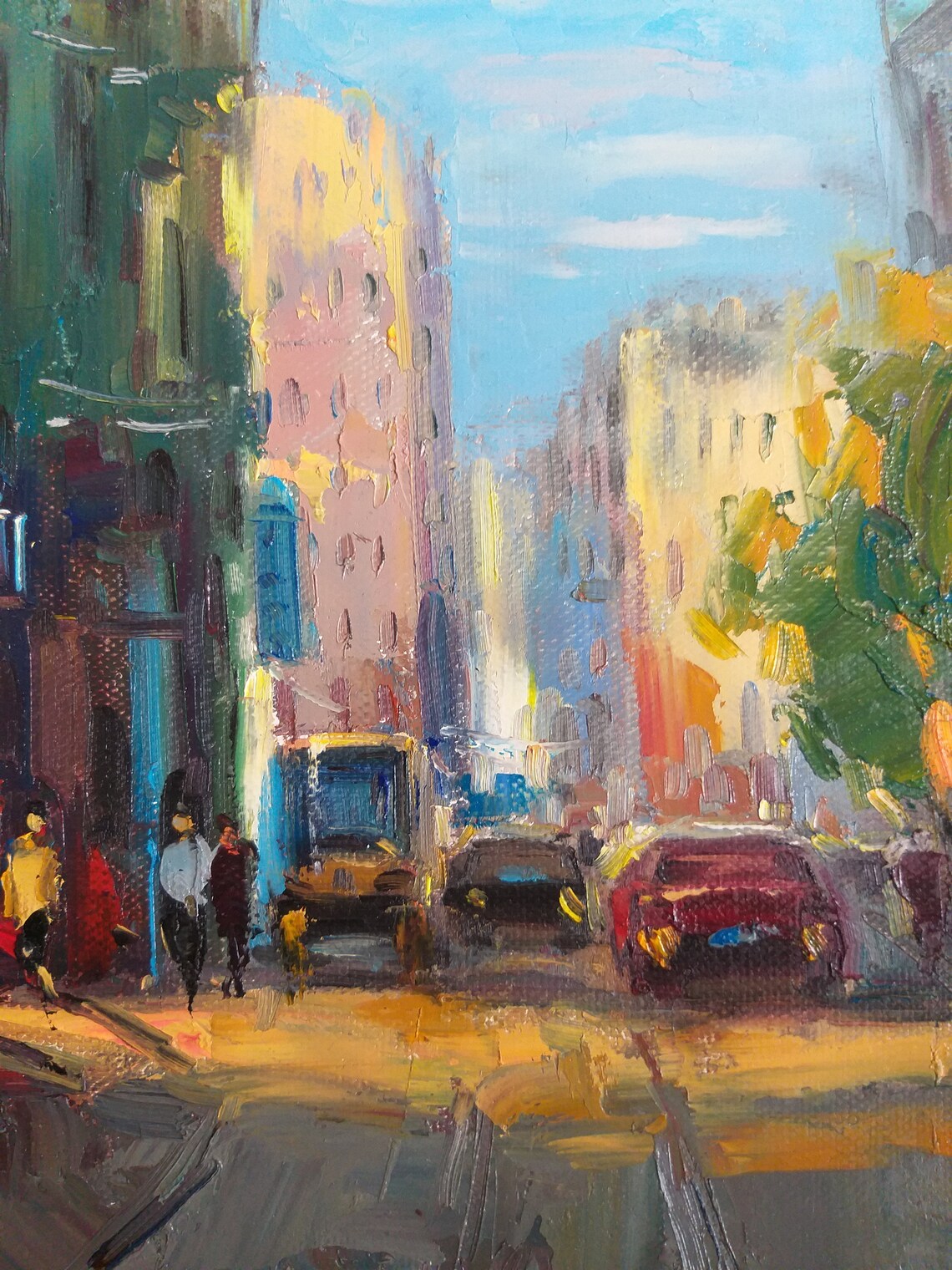 Colorful City Street Dusk Shops Cars Busy Evening Scene Poster - Image 2