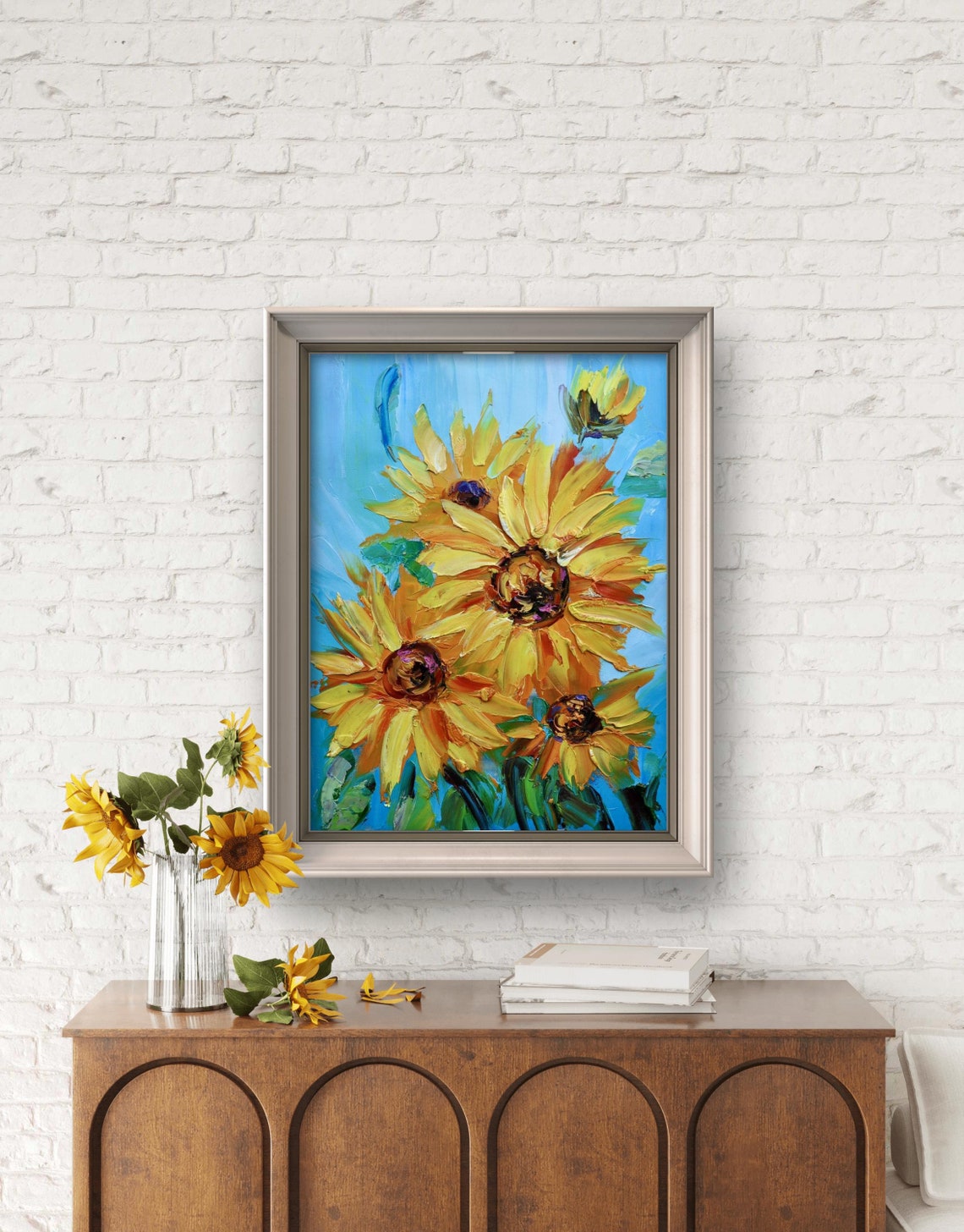 Yellow Sunflowers Oil Painting Blue Background Bright Floral Poster