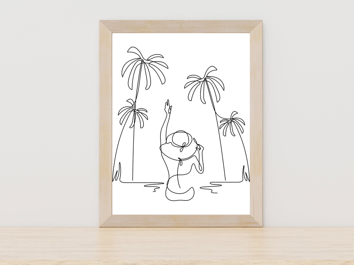 Woman Among Palm Trees Tropical Paradise Minimalist Line Art Poster