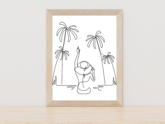 Woman Among Palm Trees Tropical Paradise Minimalist Line Art Poster