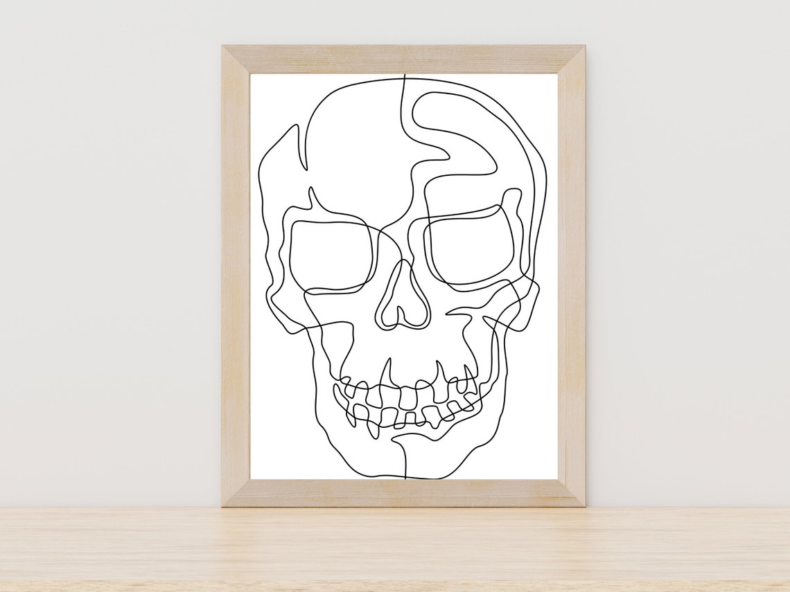 Human Skull Continuous One Line Art Spooky Minimalist Poster