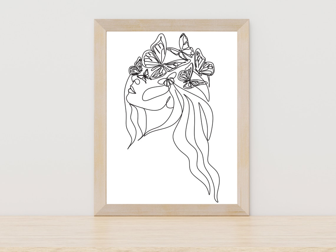 Woman Butterfly Crown One Line Art Flowing Hair Beauty Poster