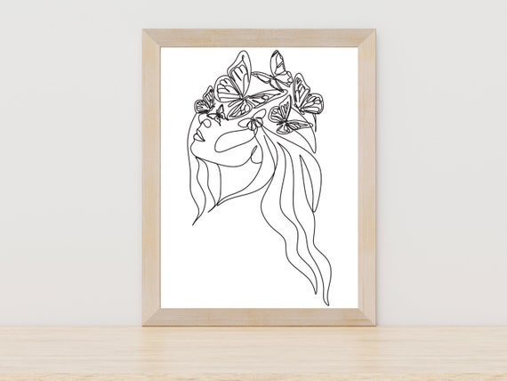 Woman With Butterfly Line Art Print Female Wall Art Minimalist Decor Woman One Line Drawing Black And White Art Wall Art Decor