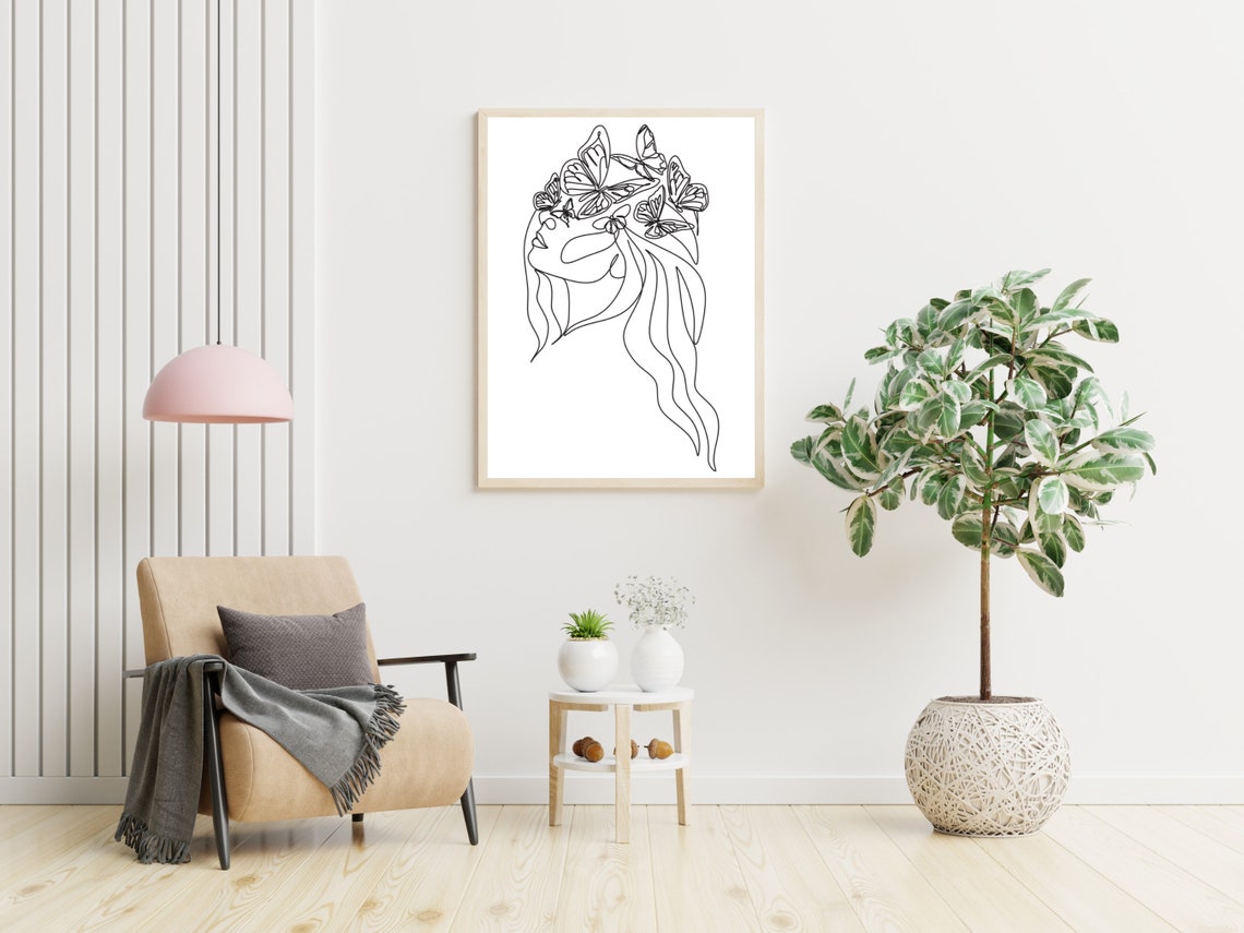Woman Butterfly Crown One Line Art Flowing Hair Beauty Poster - Image 2