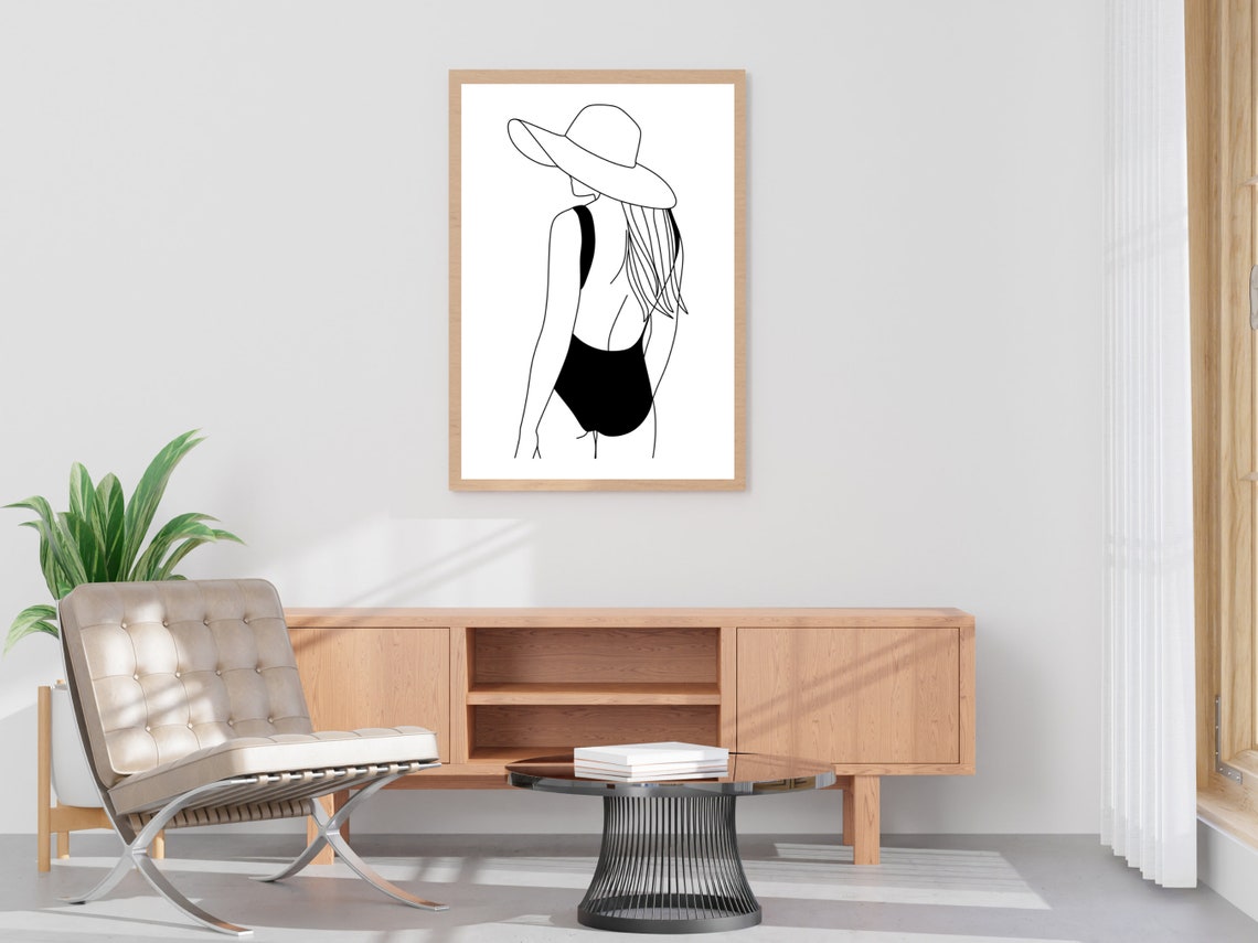Woman in Sun Hat and Black Swimsuit Seen from Behind Line Art Poster - Image 4
