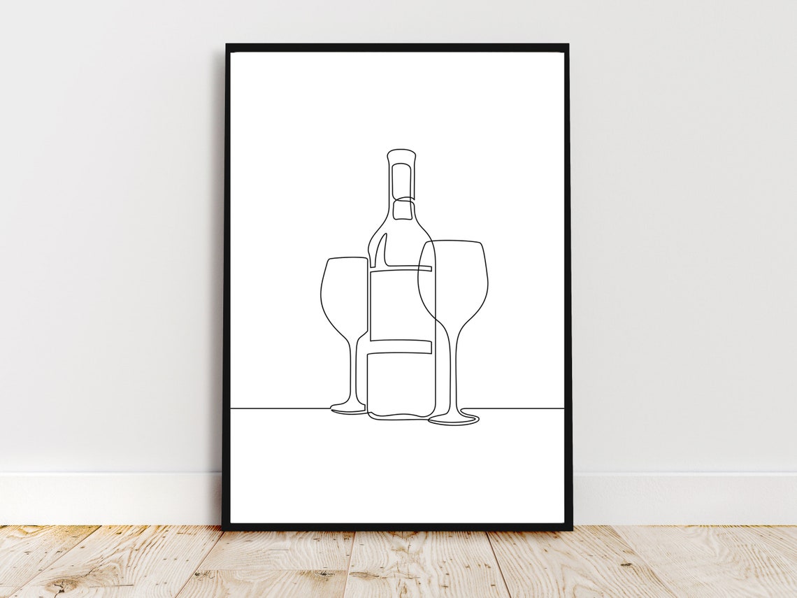 Elegant Wine Bottle With Two Glasses Modern Kitchen Line Art Print - Image 4