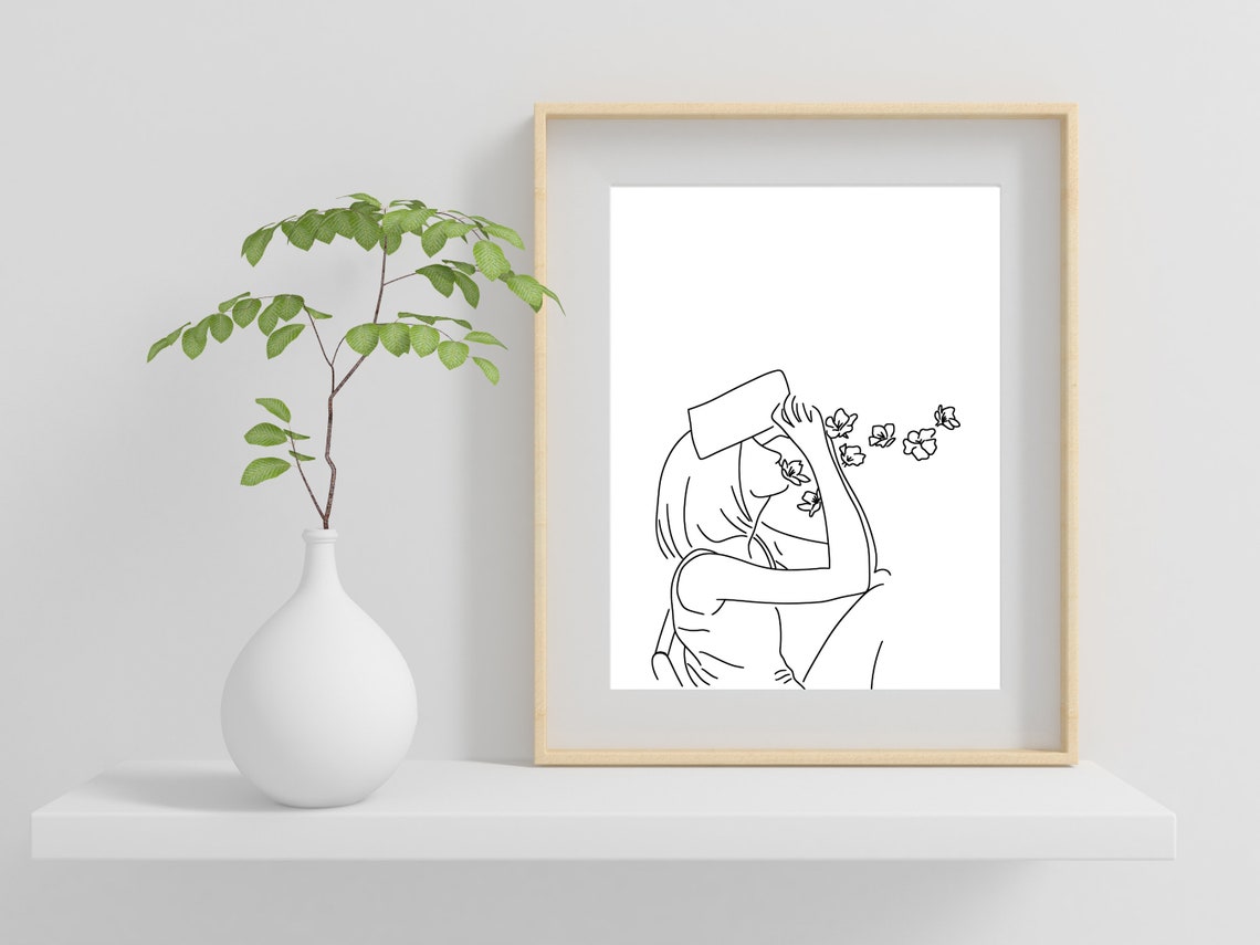 Woman Reading Book with Butterflies Minimalist Line Art Print - Image 2